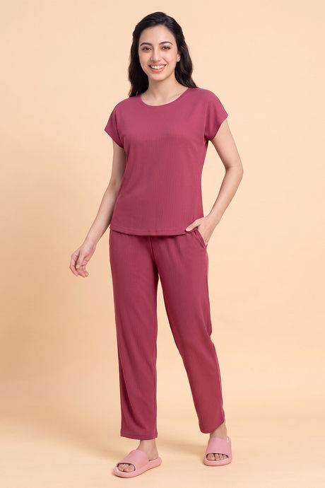 Zivame Seersucker Knit Cotton Pyjama Set - Red Violet — image 2